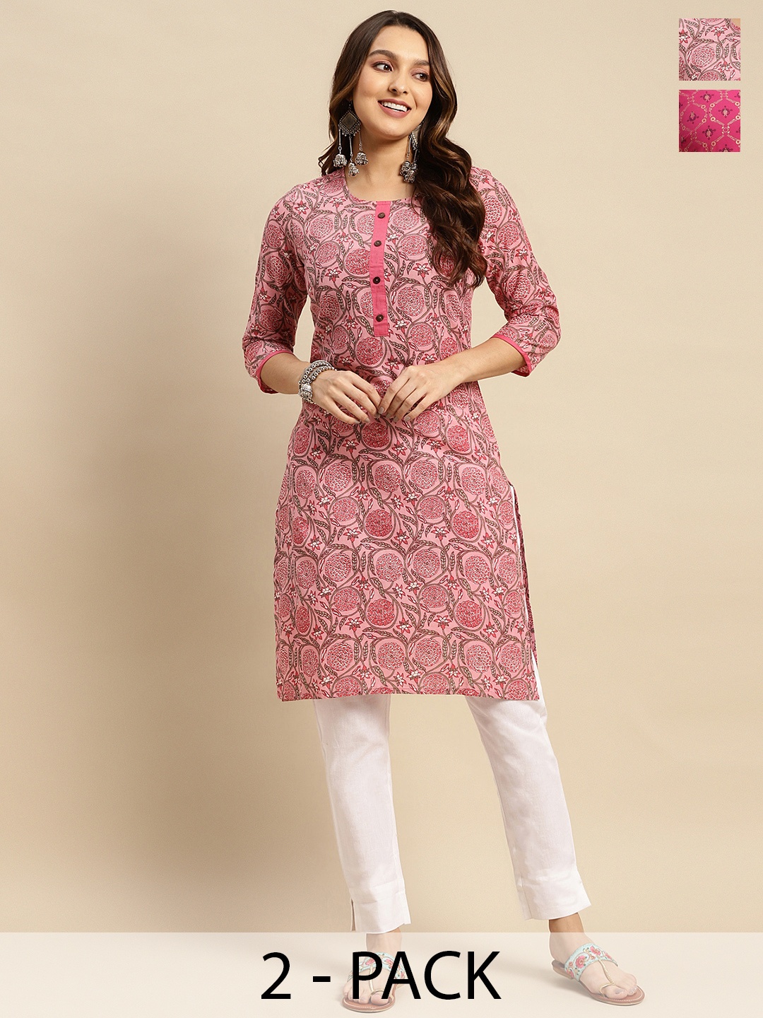 

Rangita Selection Of 2 Ethnic Motifs Printed Round Neck Pure Cotton Straight Kurtas, Pink