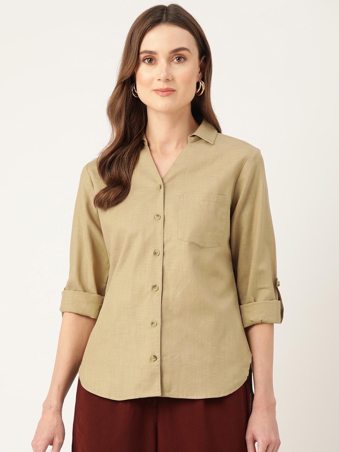 

LABEL REGALIA Roll-Up Sleeves Linen Blend Casual Shirt, Beige