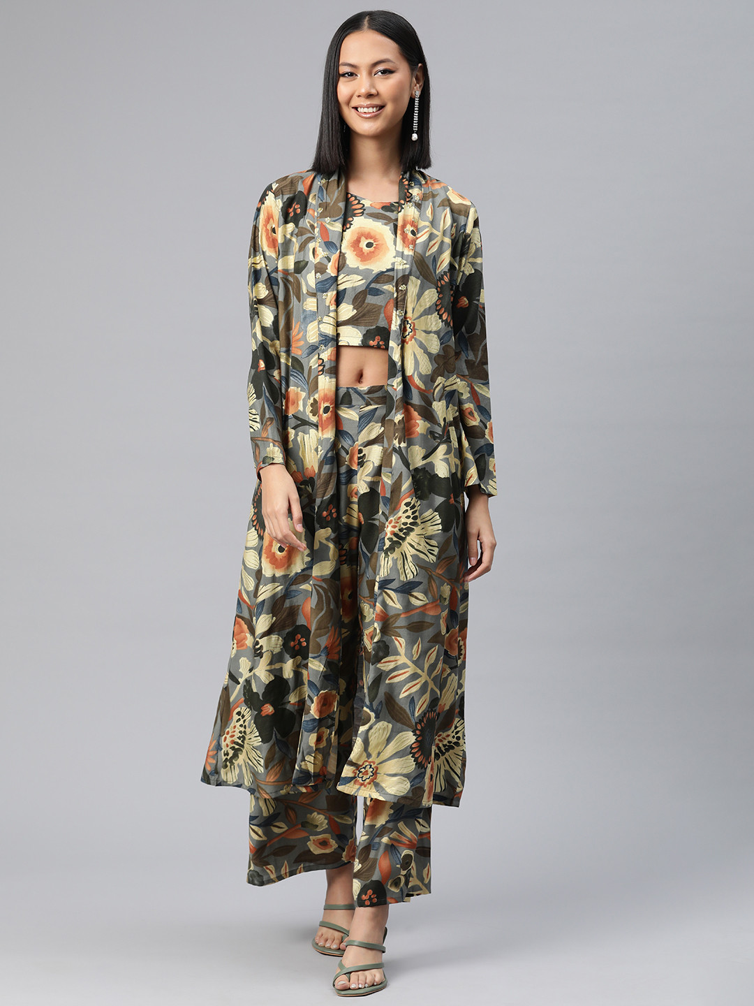 

Readiprint Floral Printed Pure Silk Co-Ords with Shrug, Brown