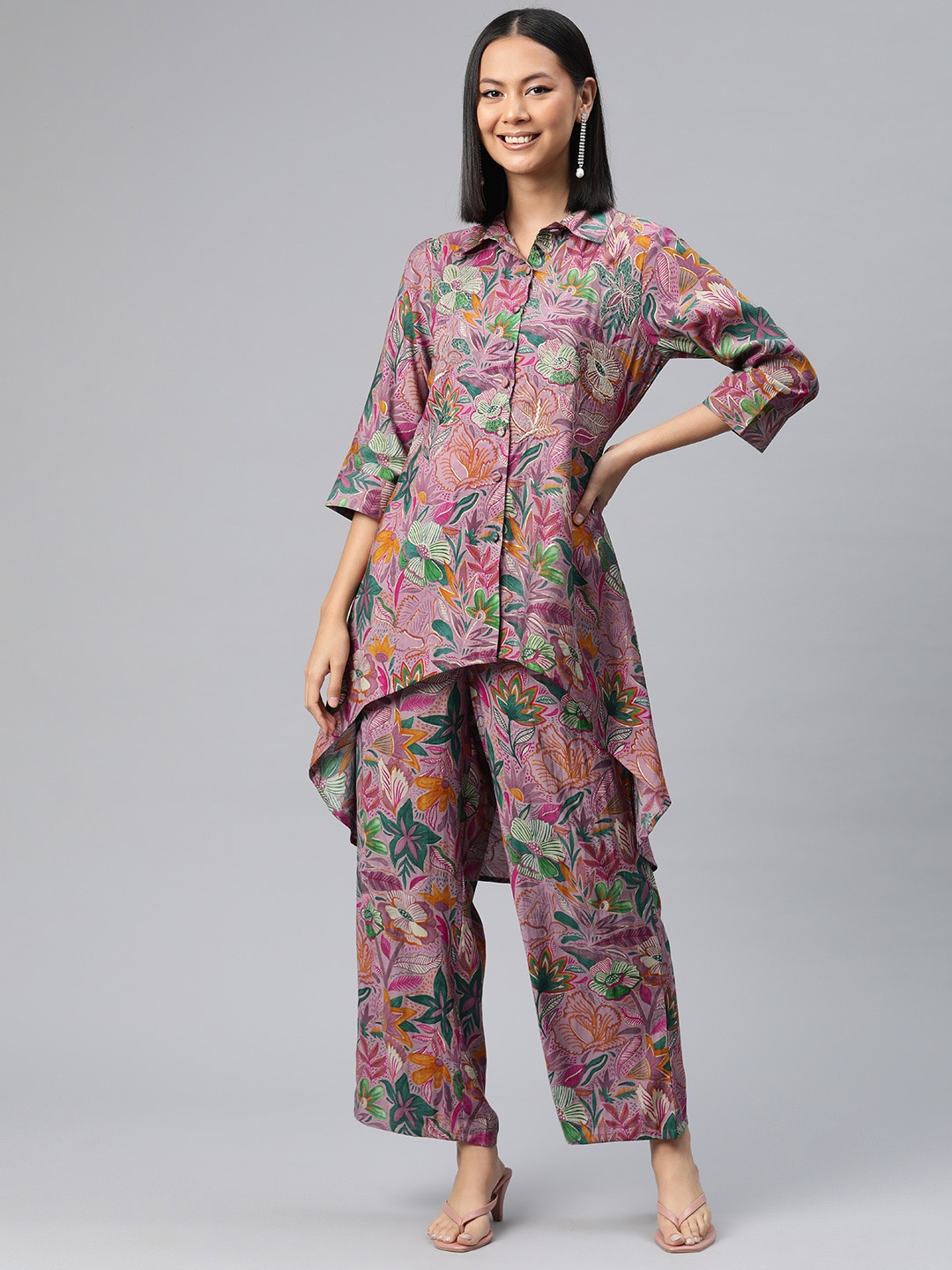 Readiprint Floral Printed Regular Pure Silk Kurta with Palazzos, Violet