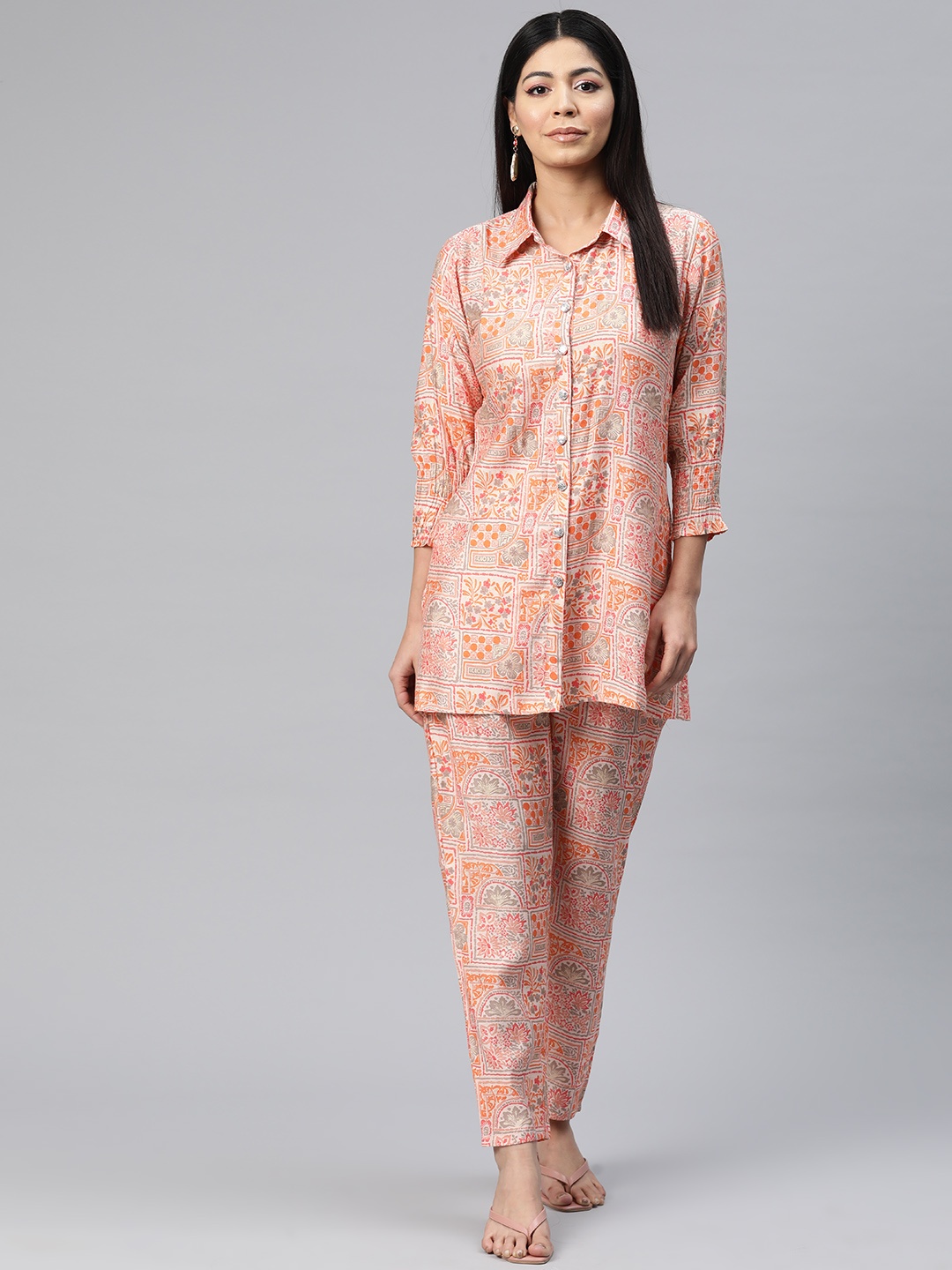 

Readiprint Printed Pure Silk Tunic with Trousers, Peach