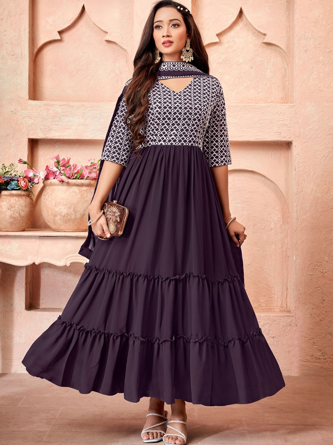 

KALINI Embroidered Fit & Flared Gathered Tiered Maxi Georgette Ethnic Dress With Dupatta, Purple