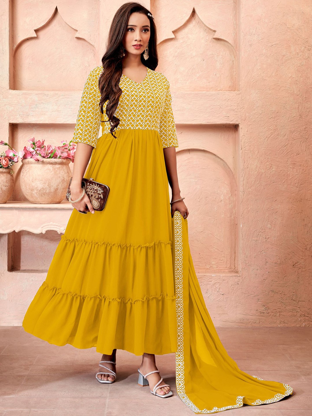 

KALINI Embroidered V-Neck Tiered Fit & Flare Ethnic Dress With Dupatta, Yellow