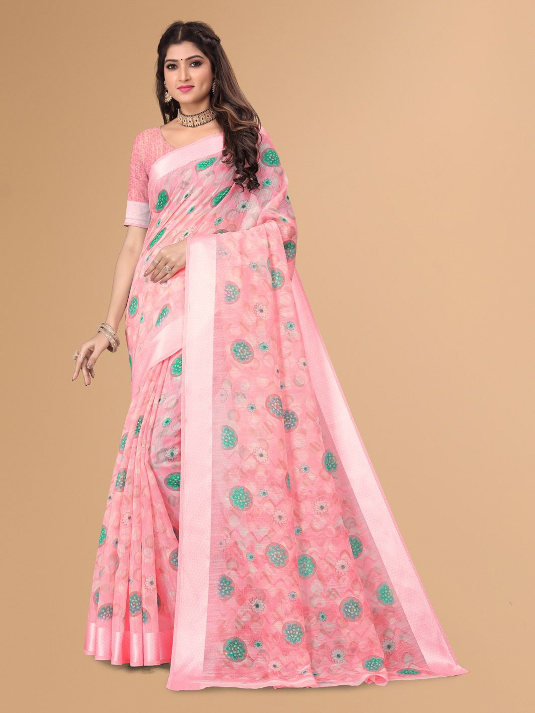 

KALINI Floral Printed Pure Linen Saree, Pink
