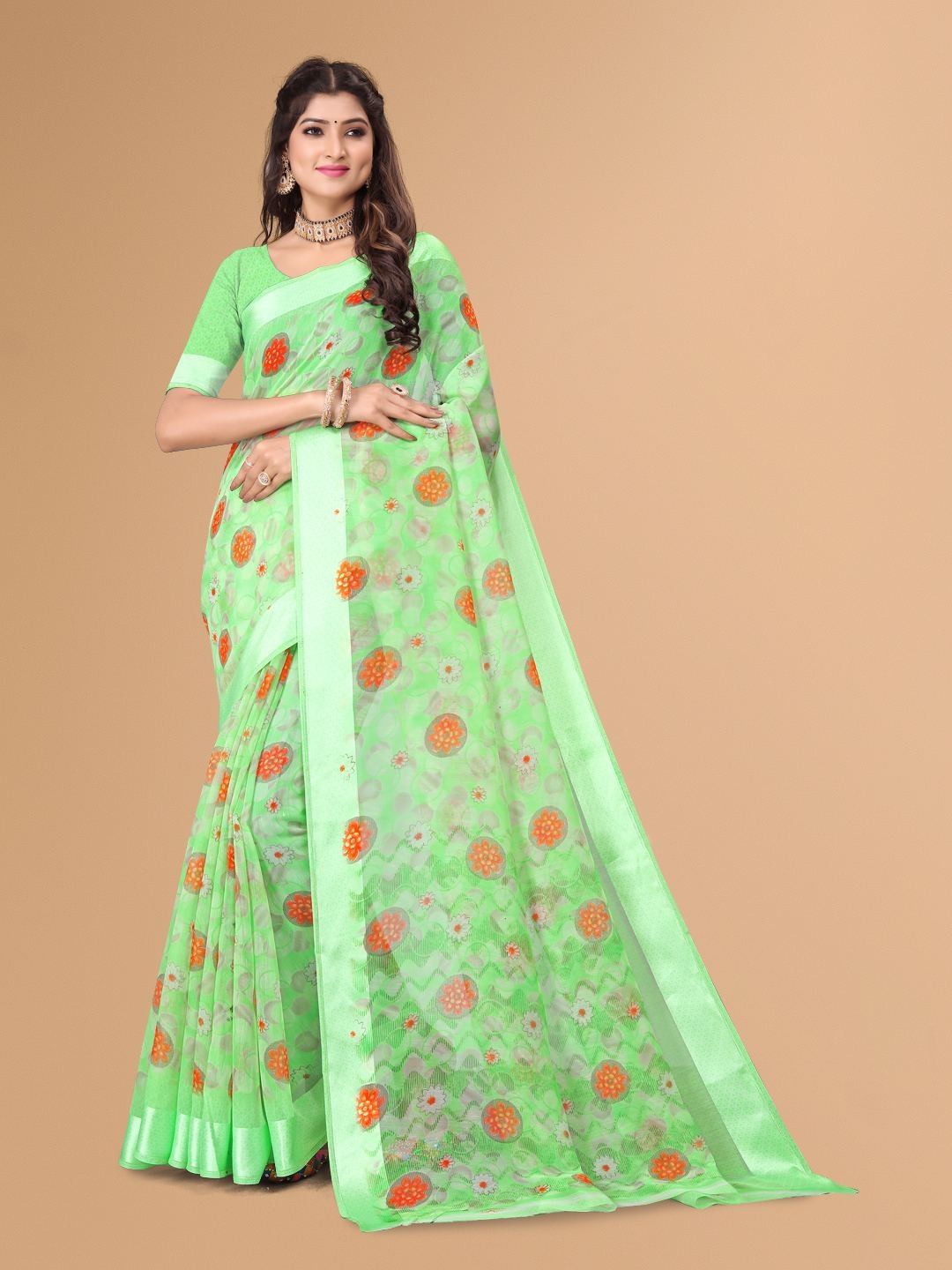 

KALINI Floral Printed Zari Pure Linen Saree, Green