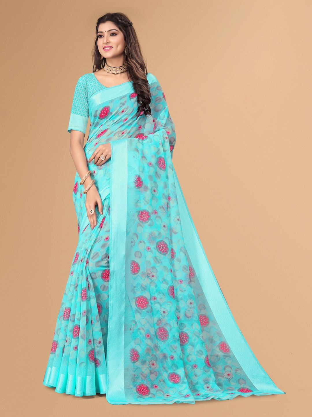 

KALINI Floral Printed Zari Pure Linen Saree, Blue