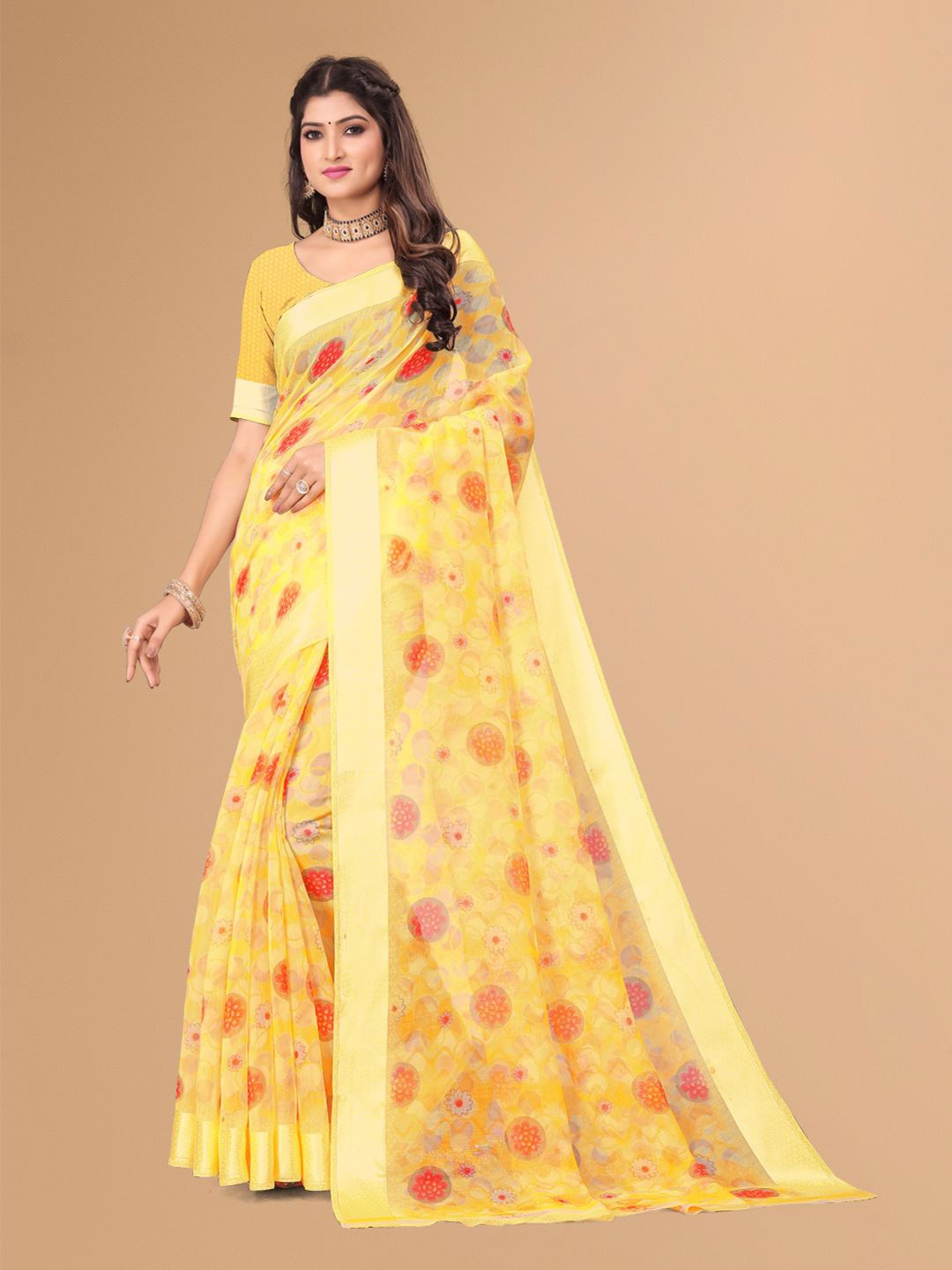 

KALINI Floral Pure Linen Saree, Yellow