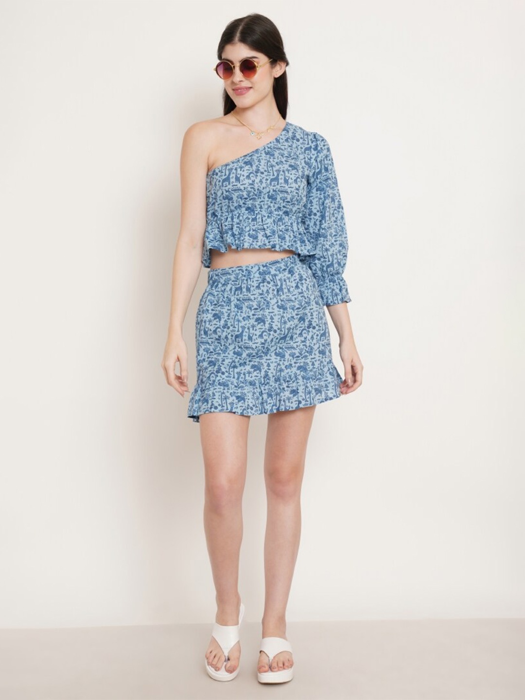

COTLAND FASHION Printed Cotton One Shoulder Crop Top With Skirt, Blue