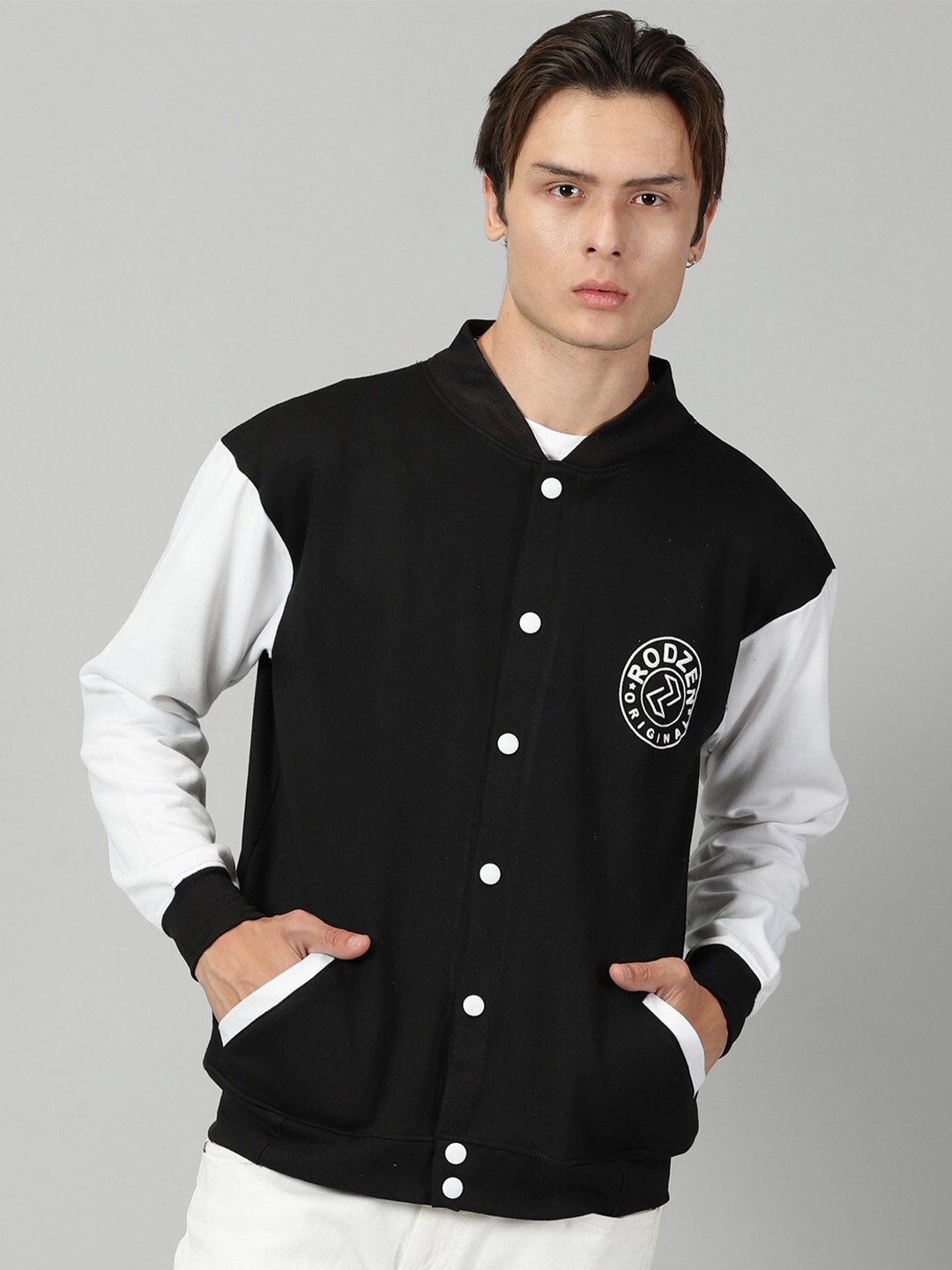 

Rodzen Stand Collar Patchwork Bomber Jacket, Black