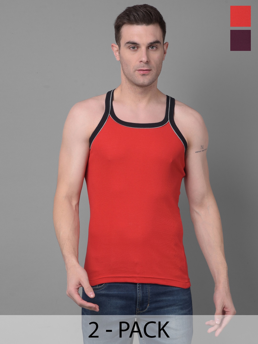

Dollar Bigboss Men Solid Pack of 2 Cotton Racerback Styled Gym Vest MBB-02-PO2-CO3-S24, Assorted
