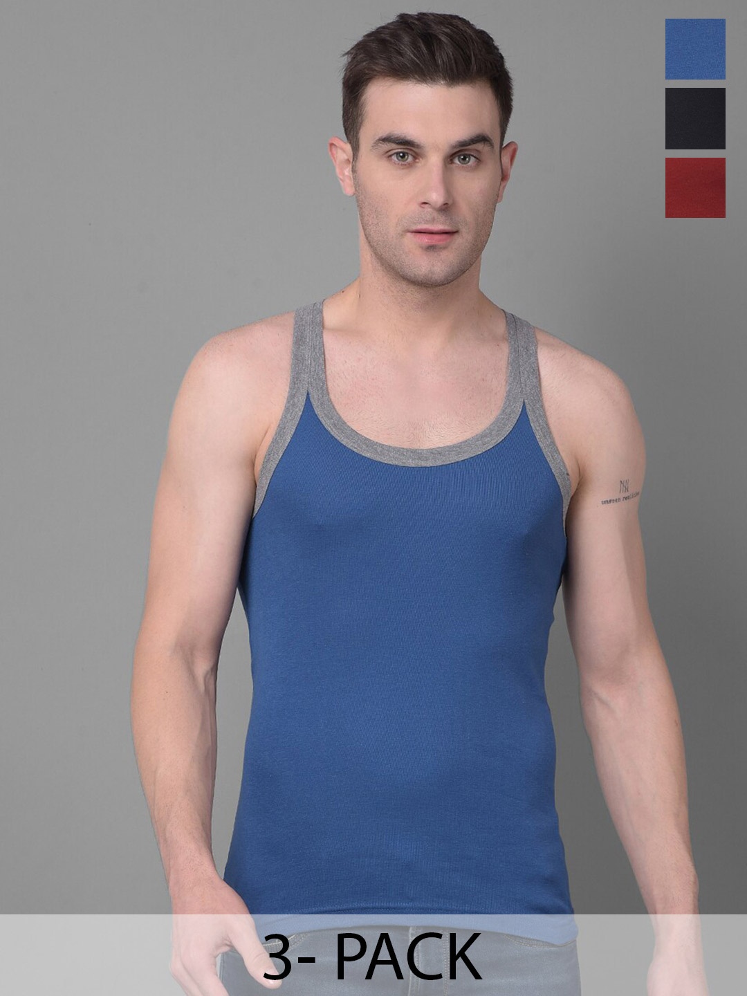 

Dollar Bigboss Men Pack of 3 Premium Cotton Racerback Styled Gym Vest MBB-10-PO3-CO1-S24, Blue
