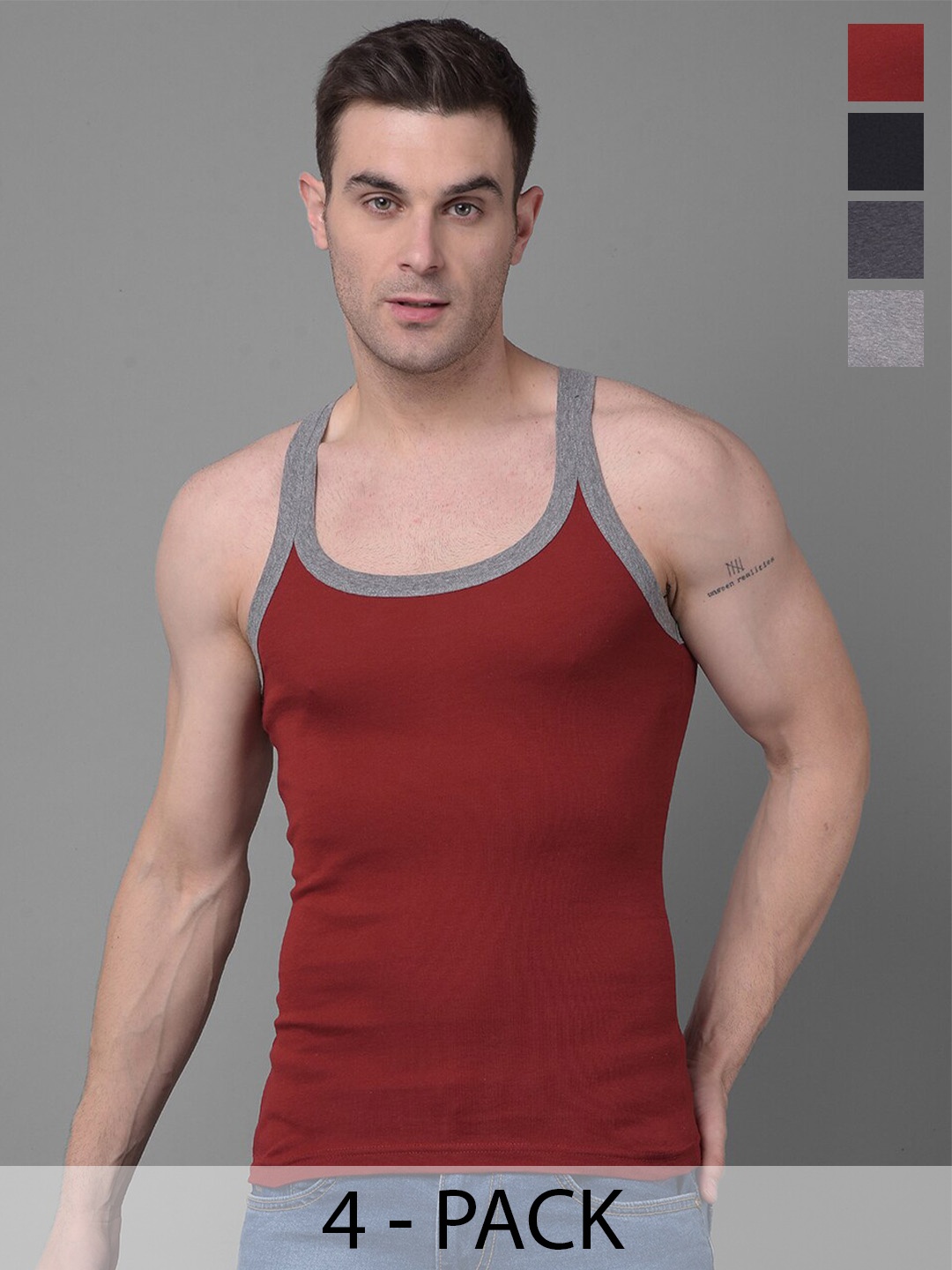

Dollar Bigboss Men Pack of 4 Premium Cotton Racerback Styled Gym Vest, Assorted