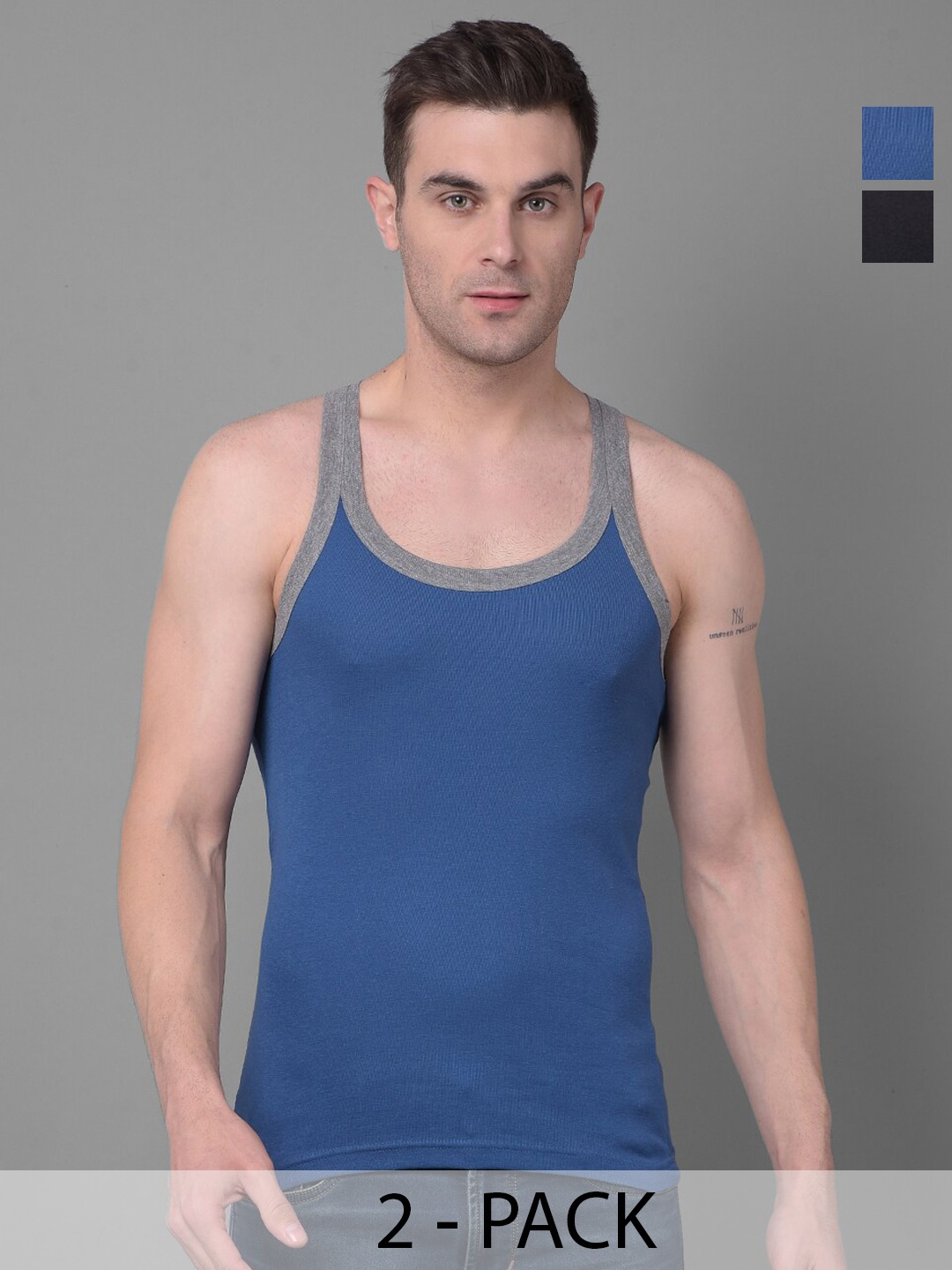 

Dollar Bigboss Men Solid Pack of 2 Premium Cotton Racerback Styled Gym Vest, Blue