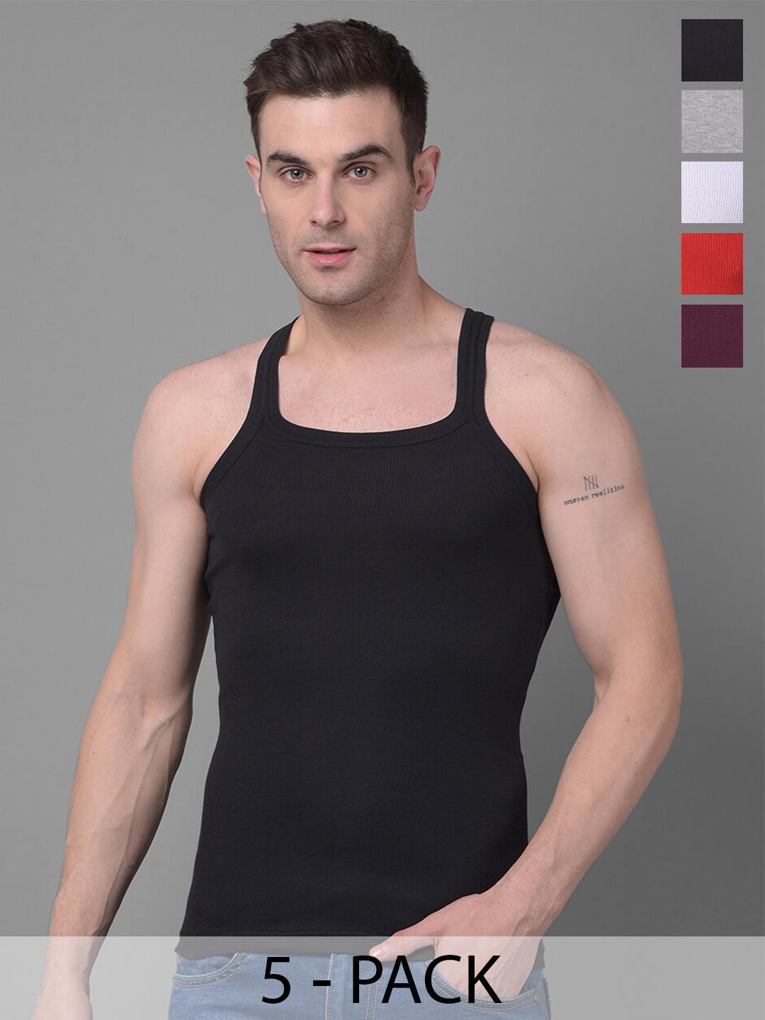 

Dollar Bigboss Men Solid Pack of 5 Combed Cotton Racerback Styled Gym Vest MBB-01-PO5-S24, Assorted