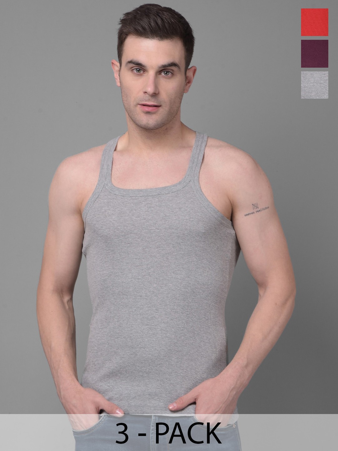 

Dollar Bigboss Men Solid Pack of 3 Combed Cotton Racerback Styled Gym Vest, Assorted