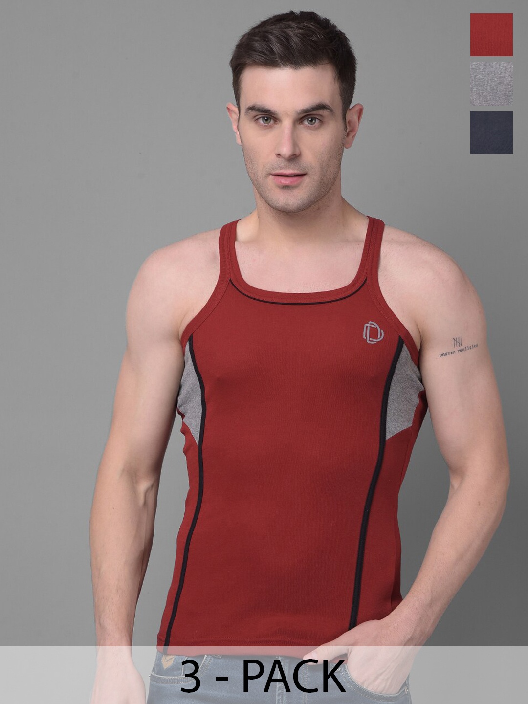 

Dollar Bigboss Pack of 3 Assorted Cotton Racerback Styled Gym Vests
