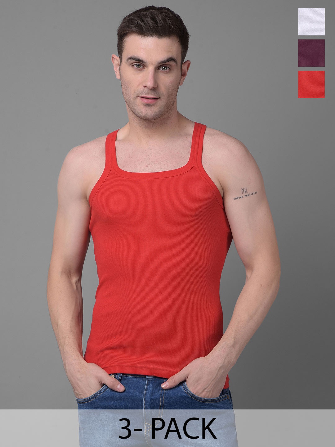 

Dollar Bigboss Pack of 3 Combed Cotton Racerback Styled Gym Vests, Red