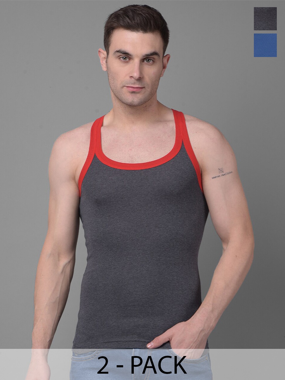 

Dollar Bigboss Pack of 2 Premium Cotton Racerback Styled Gym Vests, Charcoal