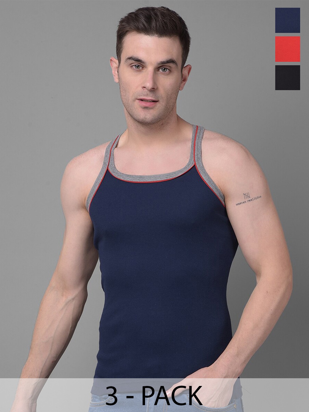 

Dollar Bigboss Men Solid Pack of 3 Cotton Racerback Styled Gym Vest, Black