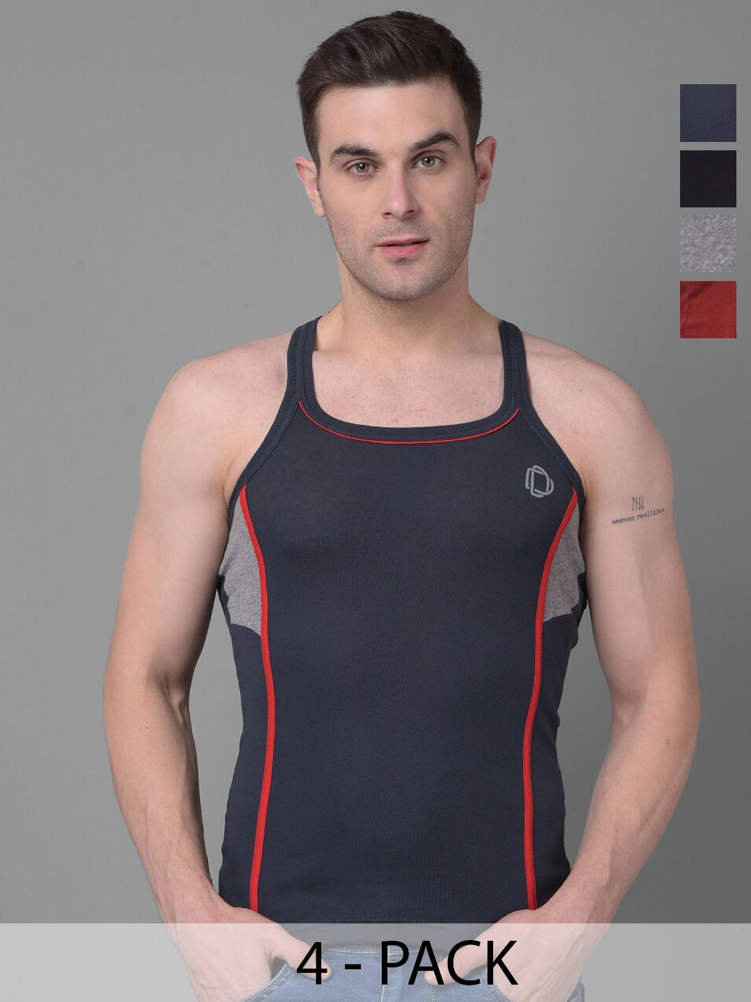 

Dollar Bigboss Men Solid Pack of 4 Cotton Racerback Styled Gym Vest, Assorted