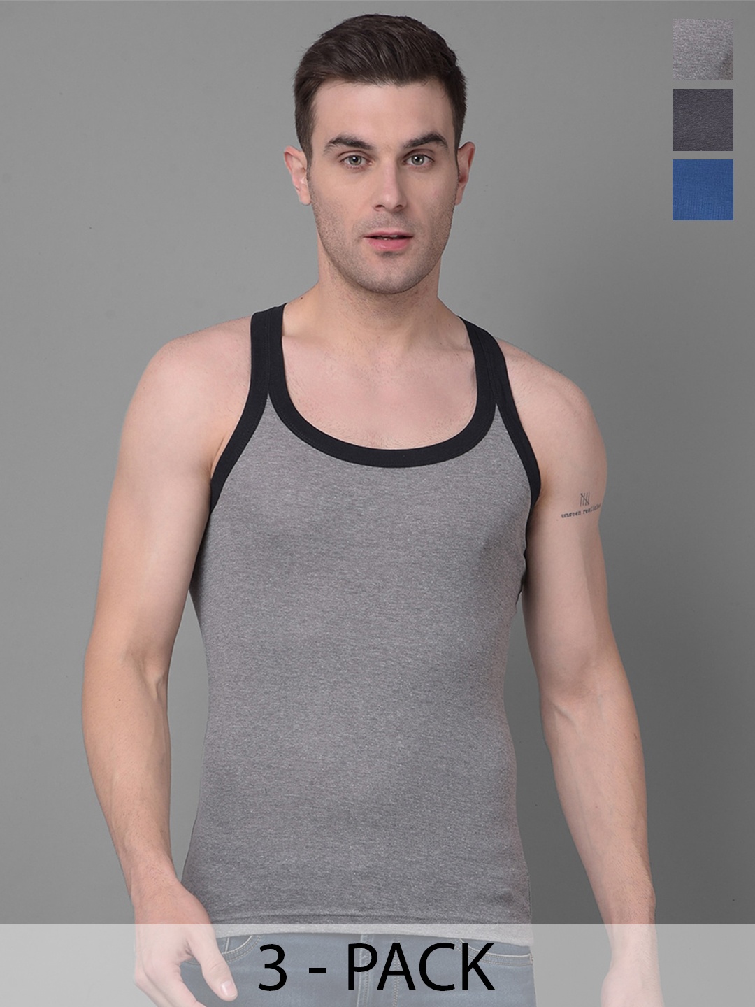 

Dollar Bigboss Men Solid Pack of 3 Premium Cotton Racerback Styled Gym Vest, Grey