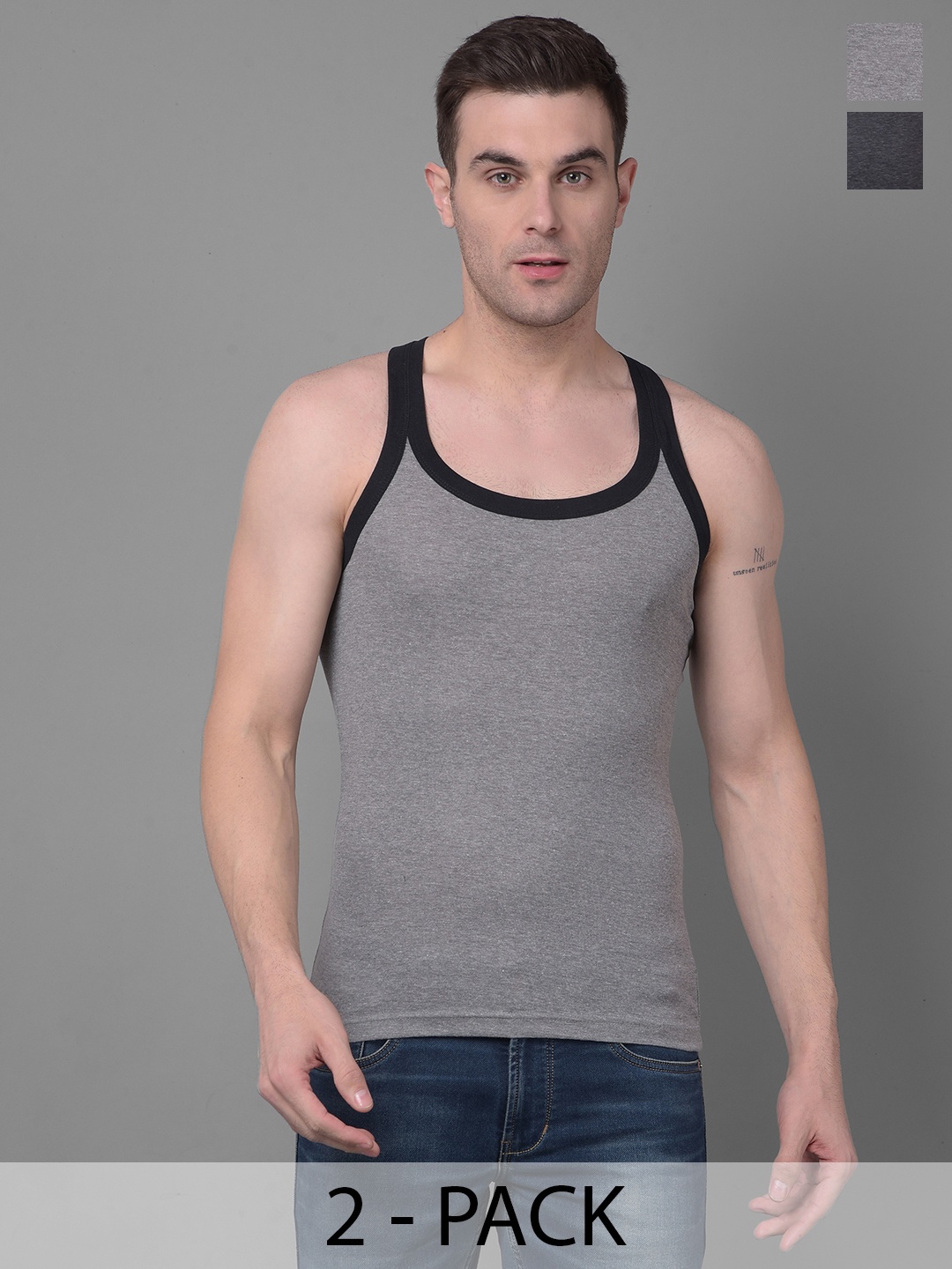 

Dollar Bigboss Pack Of 2 Premium Cotton Racerback Styled Gym Vests MBB-10-PO2-CO3-S24, Grey