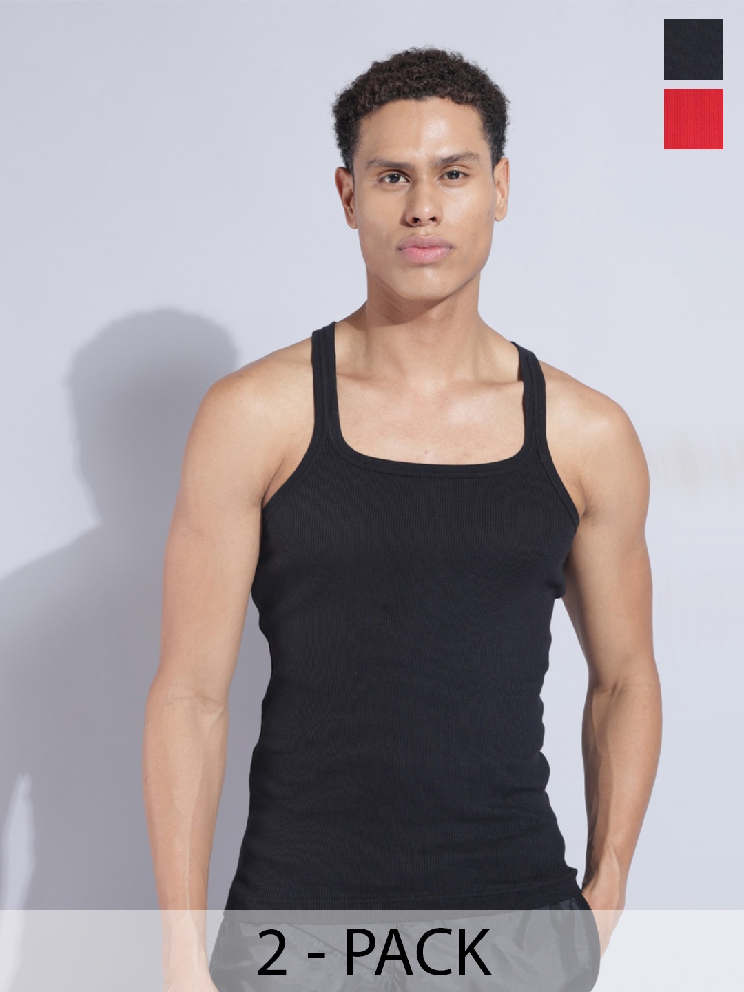 

Dollar Bigboss Men Pack of 2 Combed Cotton Racerback Styled Gym Vest MBB-01-PO2-CO1-S24, Assorted