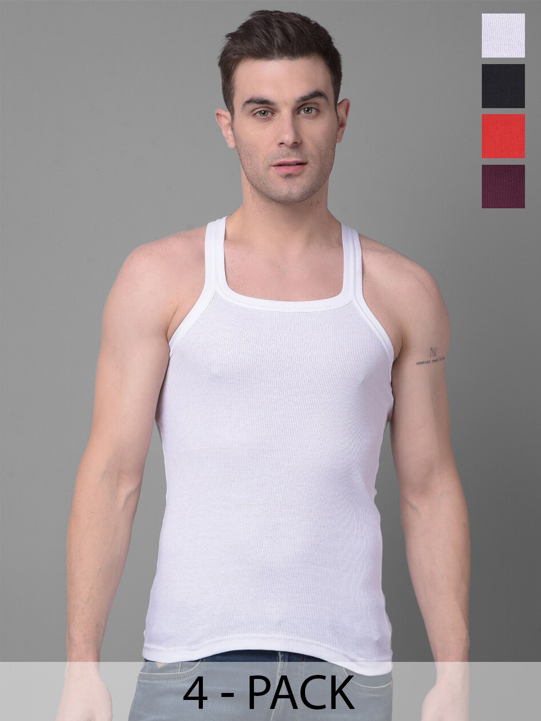 

Dollar Bigboss Pack of 4 Combed Cotton Racerback Styled Gym Vests MBB-01-PO4-S24, Assorted