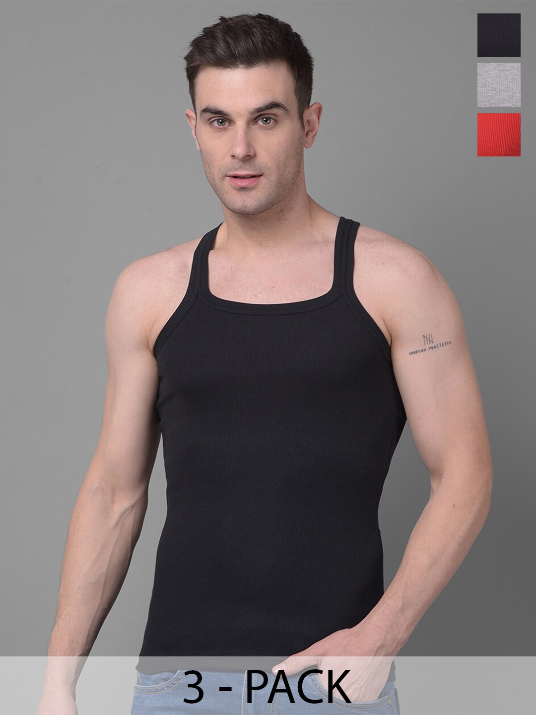 

Dollar Bigboss Men Pack of 3 Combed Cotton Racerback Styled Gym Vest, Black