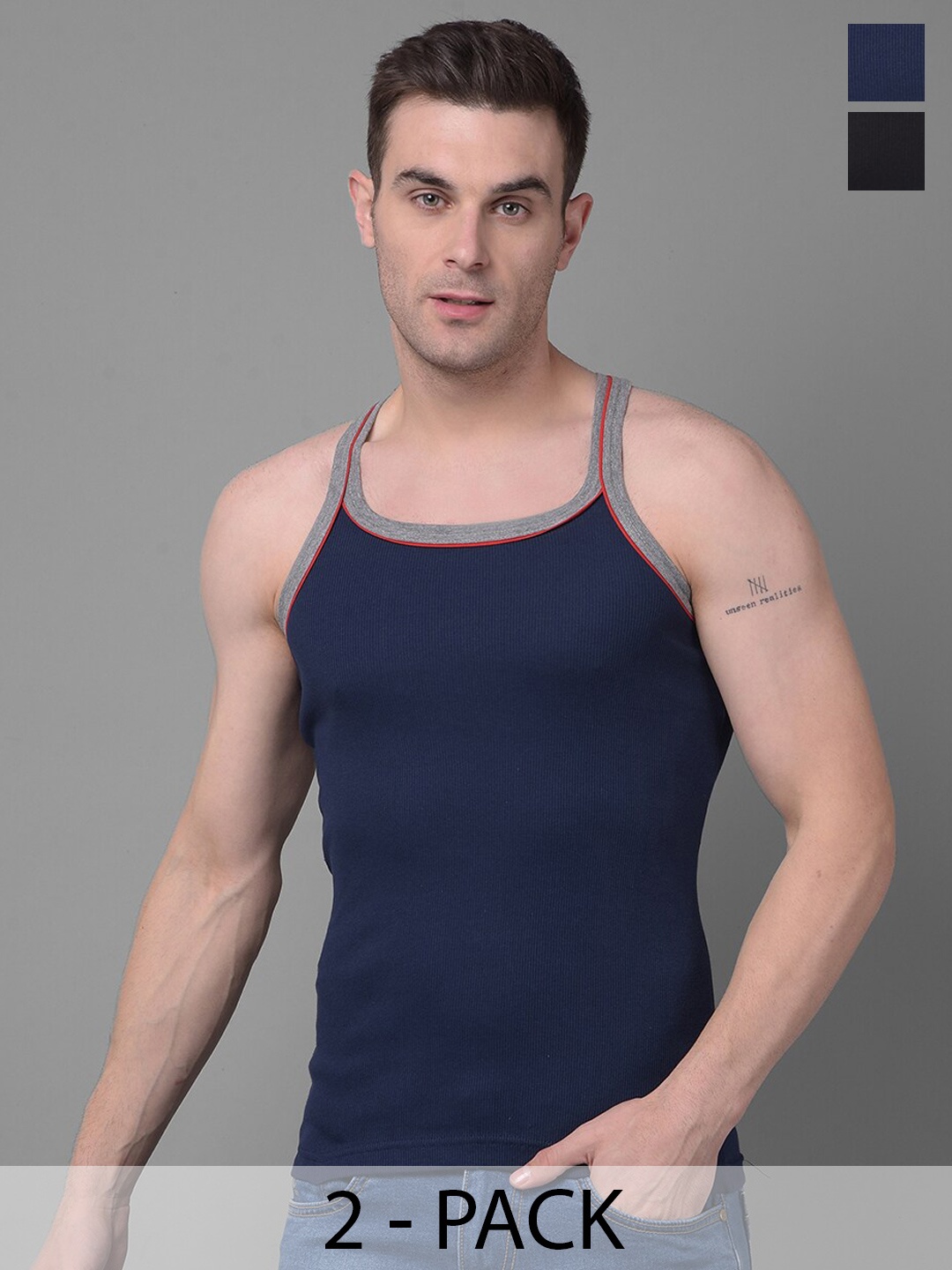 

Dollar Bigboss Solid Pack of 2 Cotton Racerback Styled Gym Vests, Navy blue