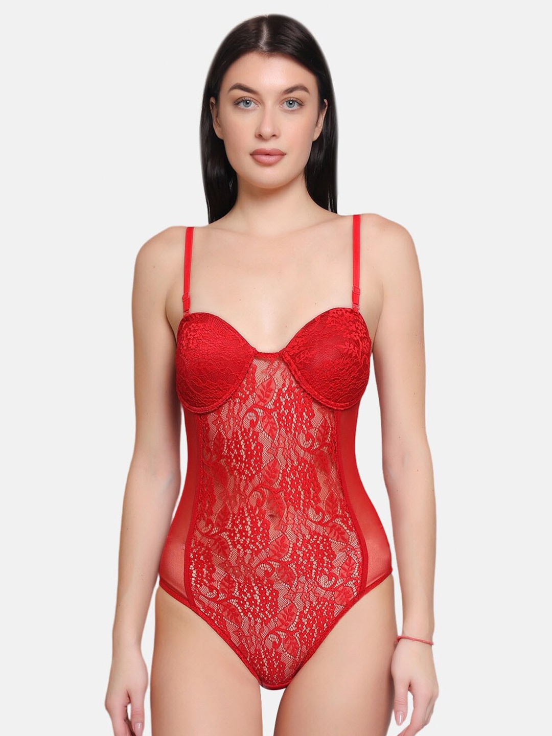 

CURWISH Self-Design Shoulder Straps Bodysuit, Red
