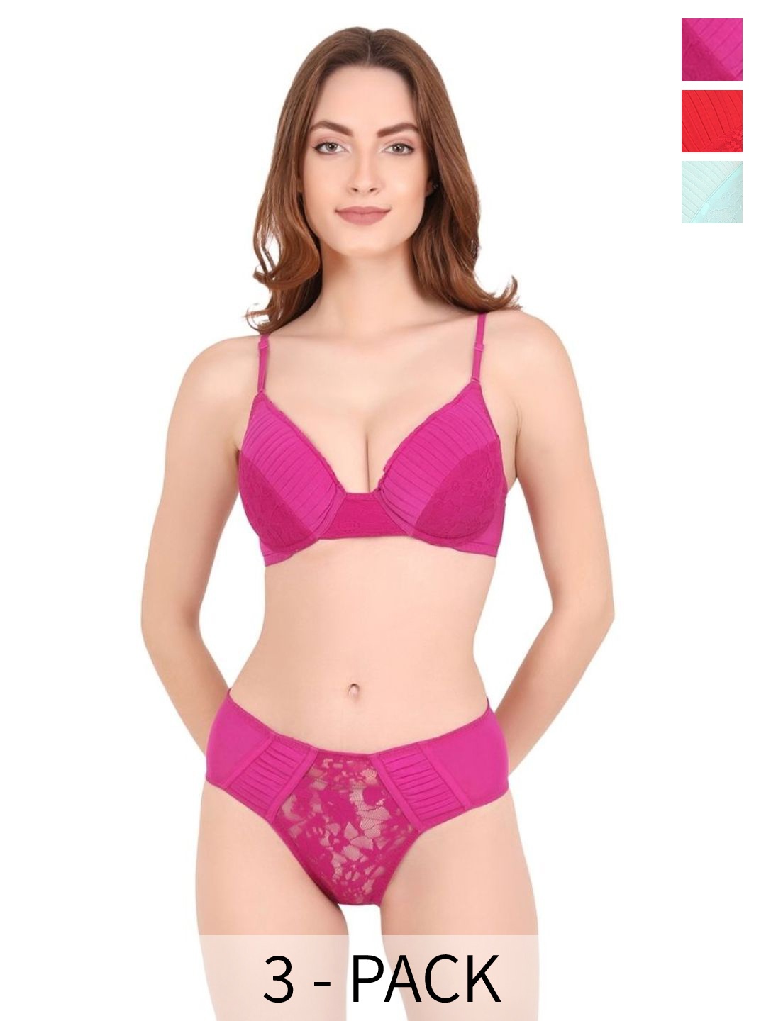 

CURWISH Dream Angel Pack Of 3 Self-Design Lingerie Set, Fuchsia