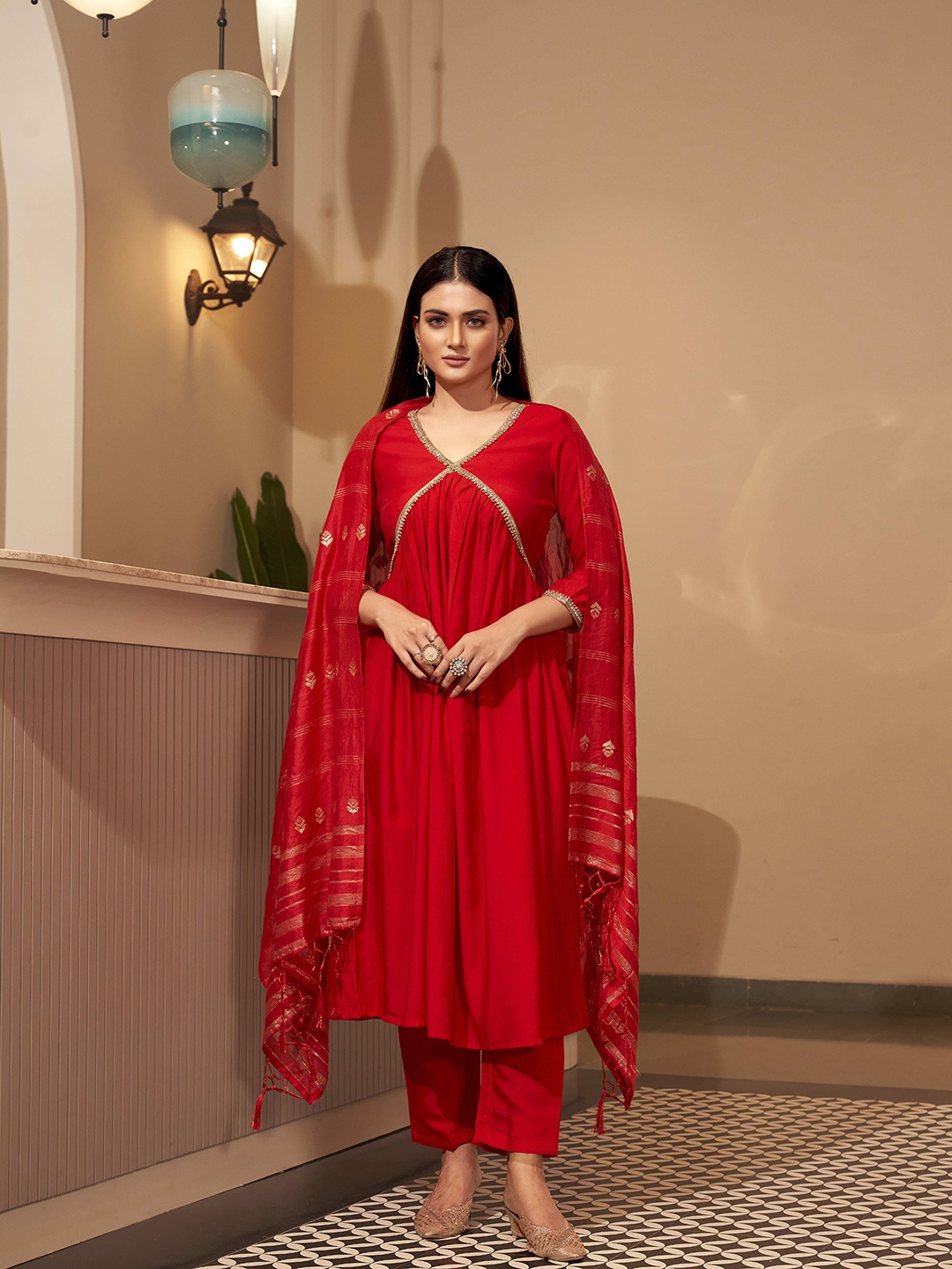 

Tikhi Imli Yoke Design Pleated Beads and Stones Kurta with Trousers & With Dupatta, Red