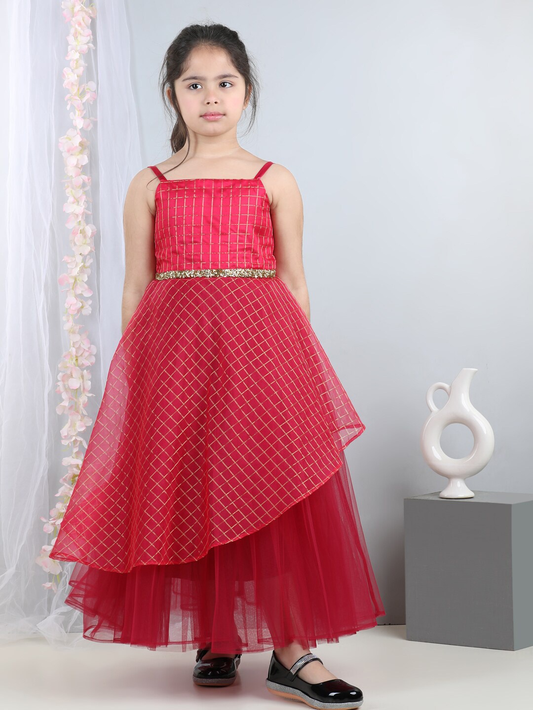 

Toy Balloon kids Girls Checked Shoulder Straps Fit and Flare Maxi Dress, Magenta