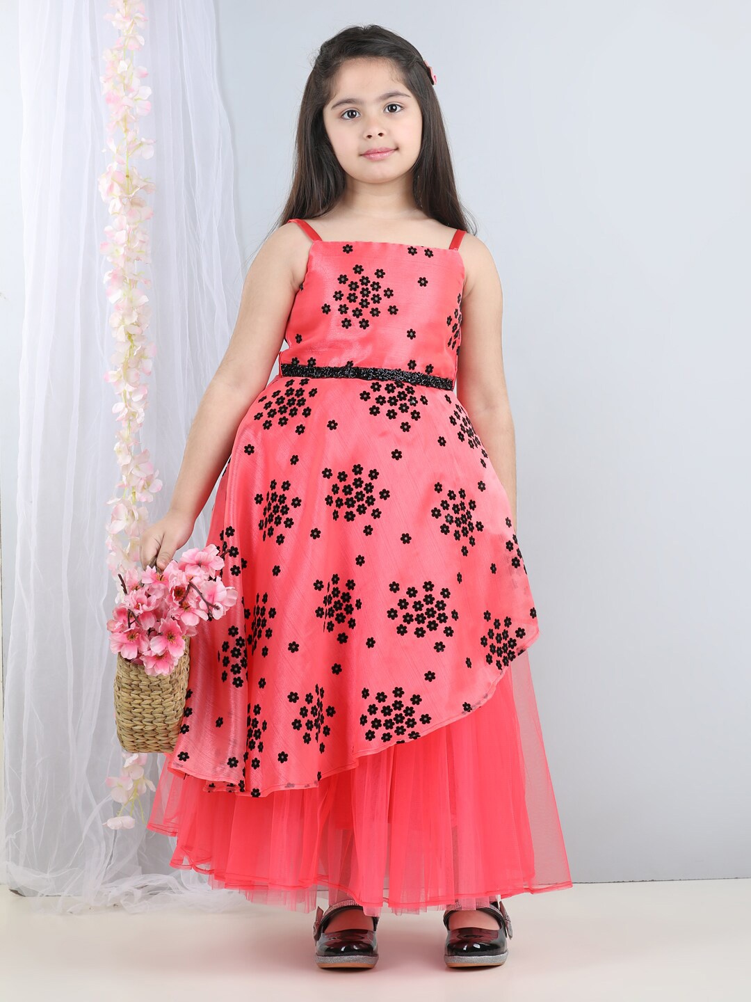 

Toy Balloon kids Girls Printed Applique Net Fit & Flare Maxi Dress, Pink