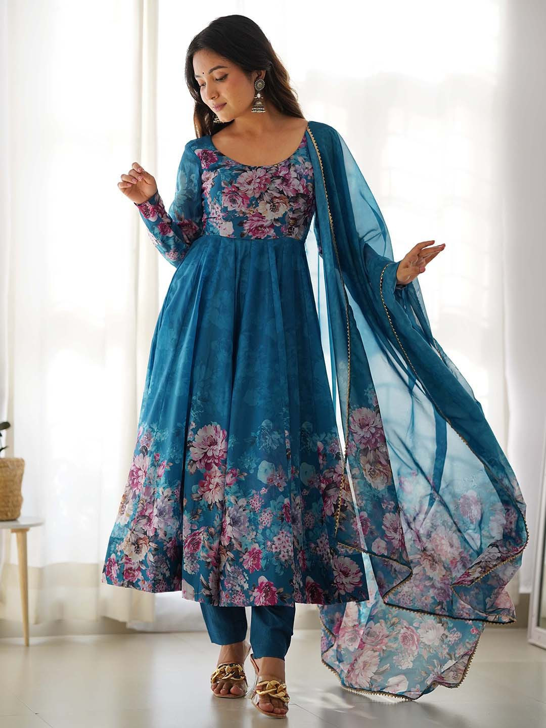 

Fusionic Floral Printed Pure Silk Kurta With Trousers & Dupatta Set, Blue