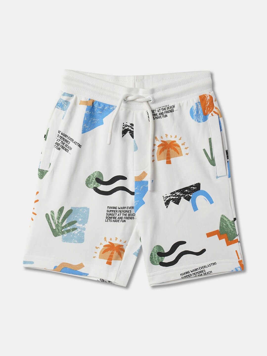 

R&B Boys Mid-Rise Conversational Printed Cotton Shorts, White