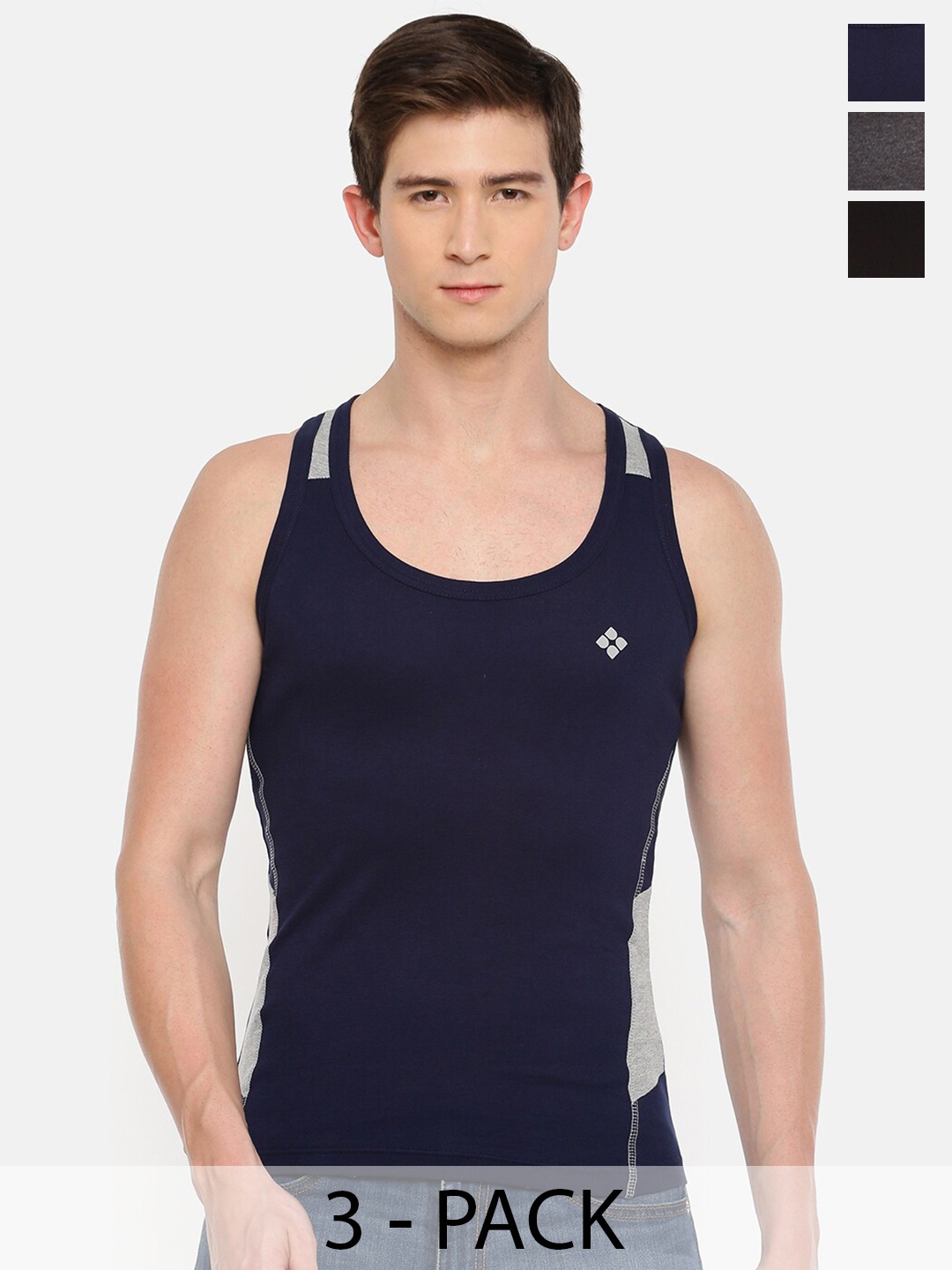 

Dollar Bigboss Men Solid Pack of 3 Cotton Racerback Styled Gym Vest, Black