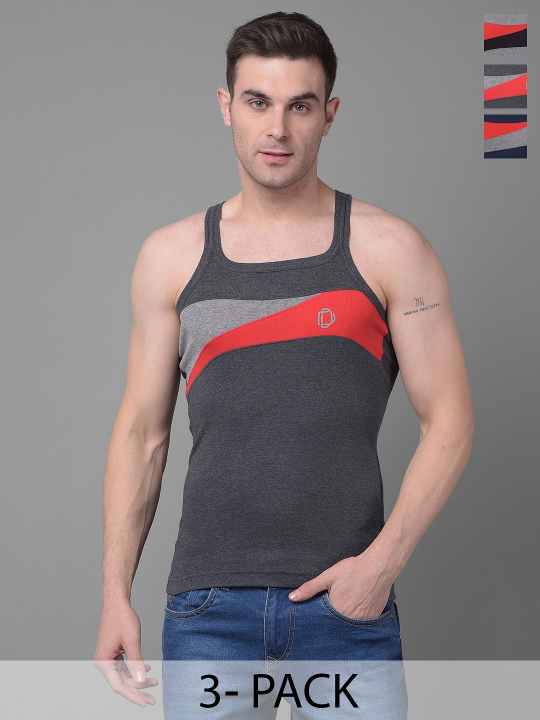 

Dollar Bigboss Pack of 3 Super Combed Cotton Racerback Styled Gym Vest, Blue