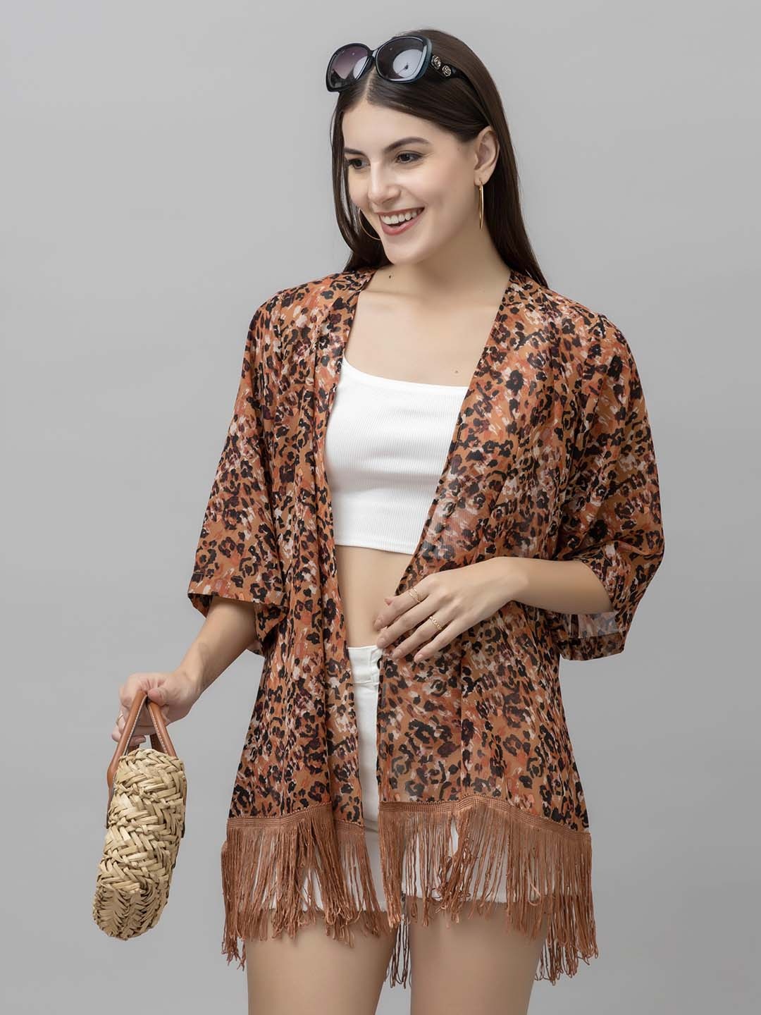

PURYS Animal Printed Tasselled Shrug, Brown