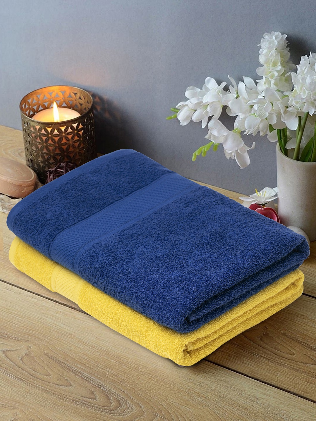 

URBANFIX Blue & Yellow 2 Pieces Cotton 400 GSM Bath Towels