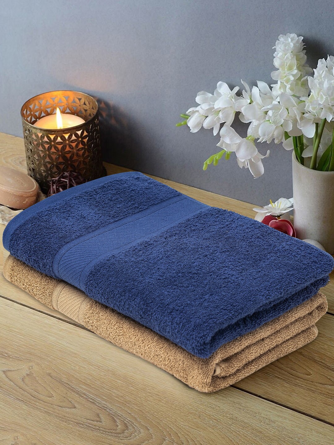 

URBANFIX Beige & Blue 2 Pieces Cotton 500 GSM Bath Towels