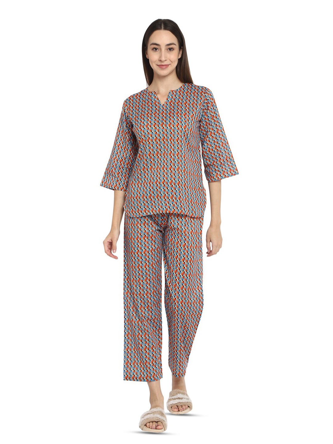 

shopbloom Geometric Print Pure Cotton Night suit, Orange