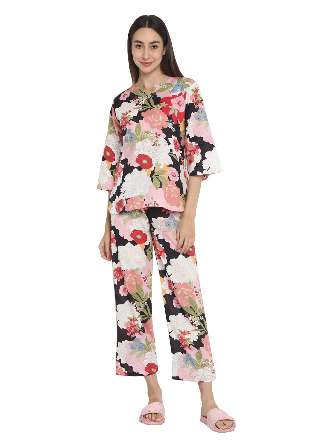 

shopbloom Floral Printed Pure Cotton Top With Trouser, Black