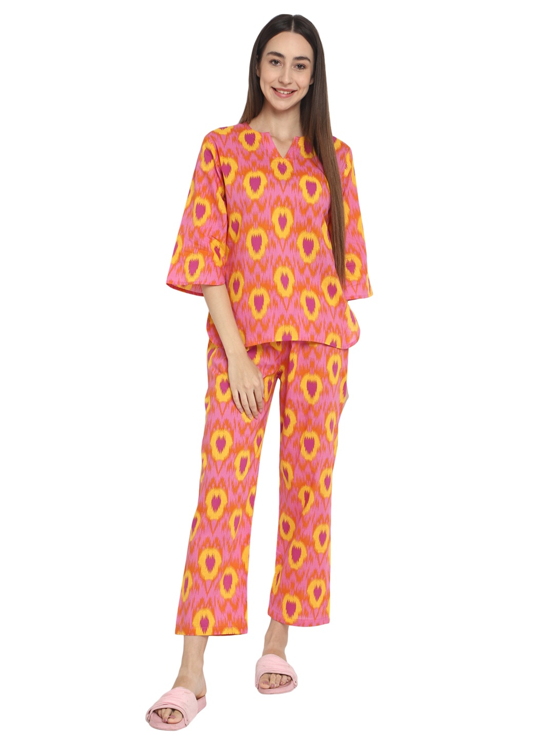 

shopbloom Geometric Printed Pure Cotton Top With Trouser, Pink