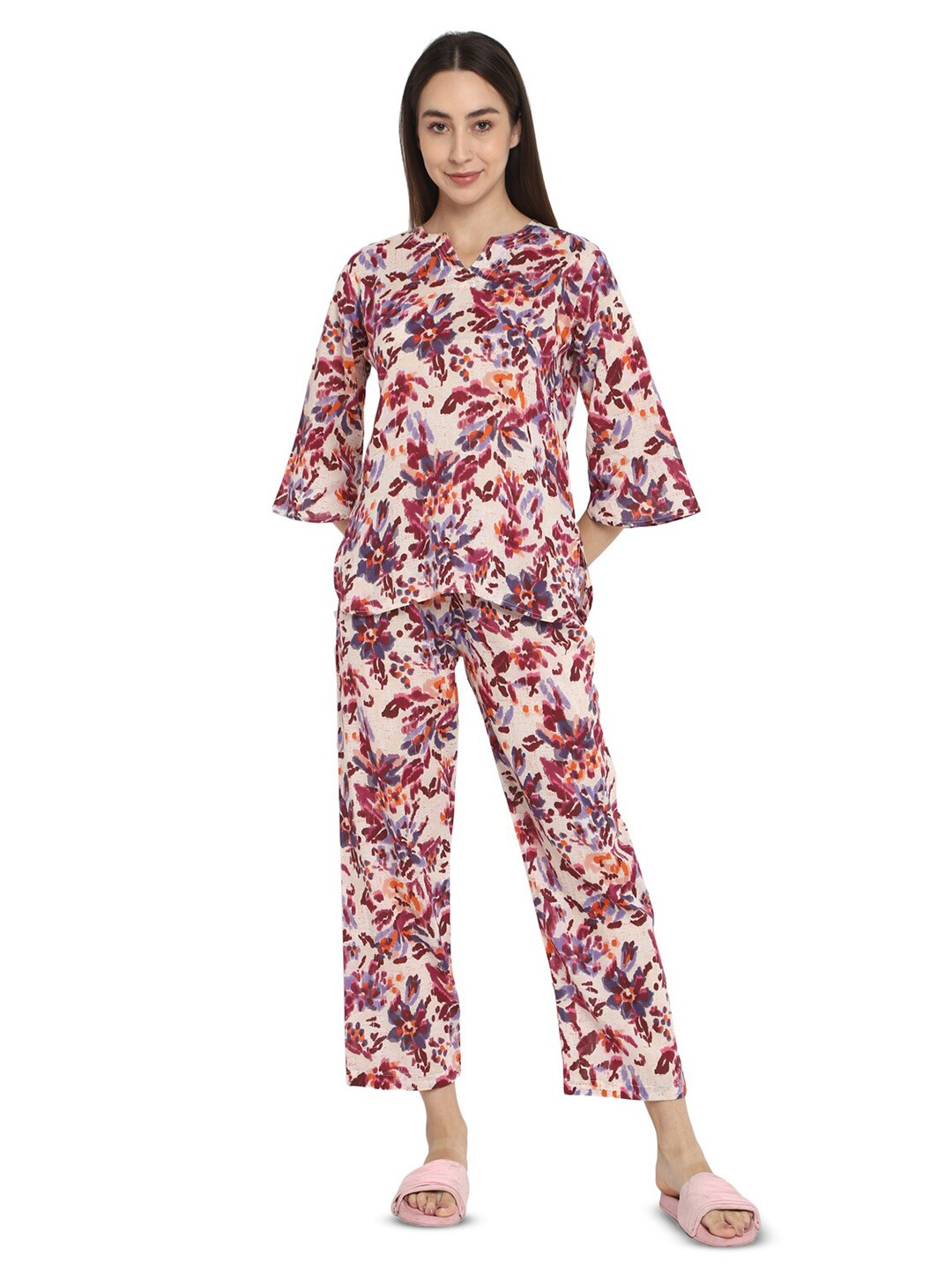

shopbloom Floral Printed Pure Cotton Top With Trouser, Cream
