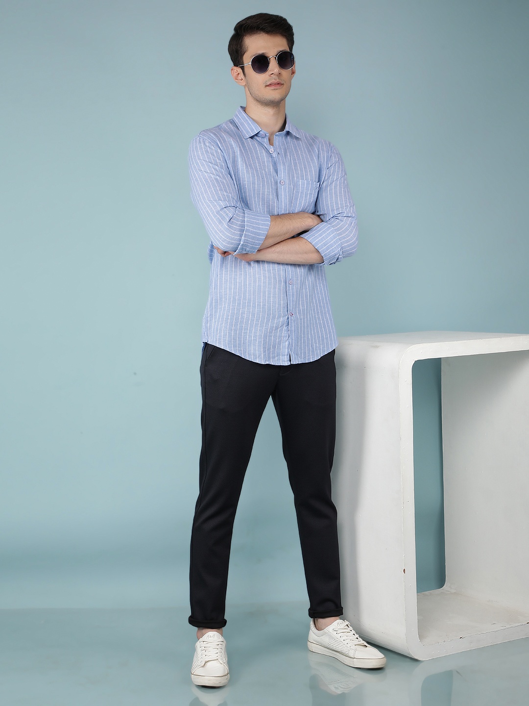 

Crimsoune Club Smart Slim Fit Striped Band Collar Casual Shirt, Blue