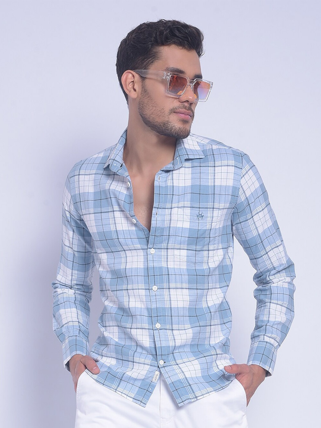 

Crimsoune Club Smart Slim Fit Tartan Checked Pure Cotton Casual Shirt, Blue