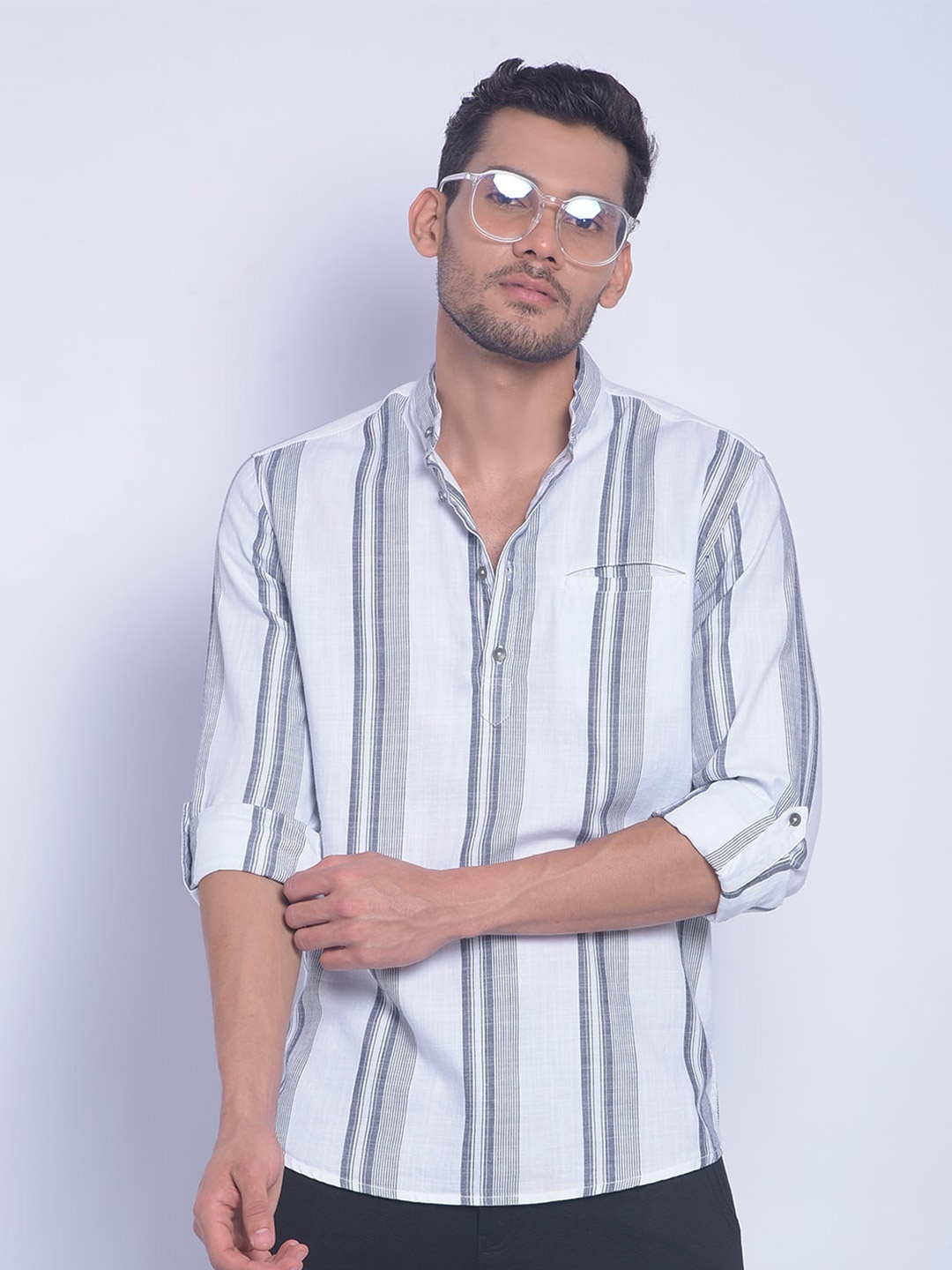 

Crimsoune Club Smart Slim Fit Striped Band Collar Pure Cotton Casual Shirt, White