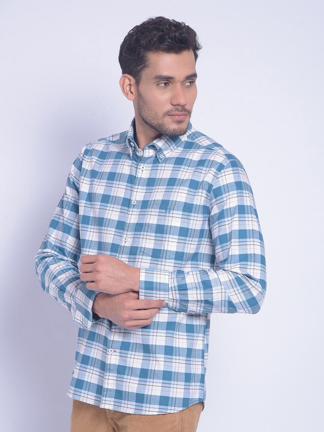 

Crimsoune Club Smart Slim Fit Tartan Checked Pure Cotton Casual Shirt, Blue